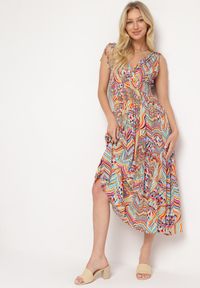 Born2be - Żółto-Różowa Rozkloszowana Sukienka w Stylu Boho z Trójkątnym Dekoltem i Gumką w Talii Galleri. Okazja: na co dzień. Kolor: żółty. Typ sukienki: proste, rozkloszowane. Styl: boho #5