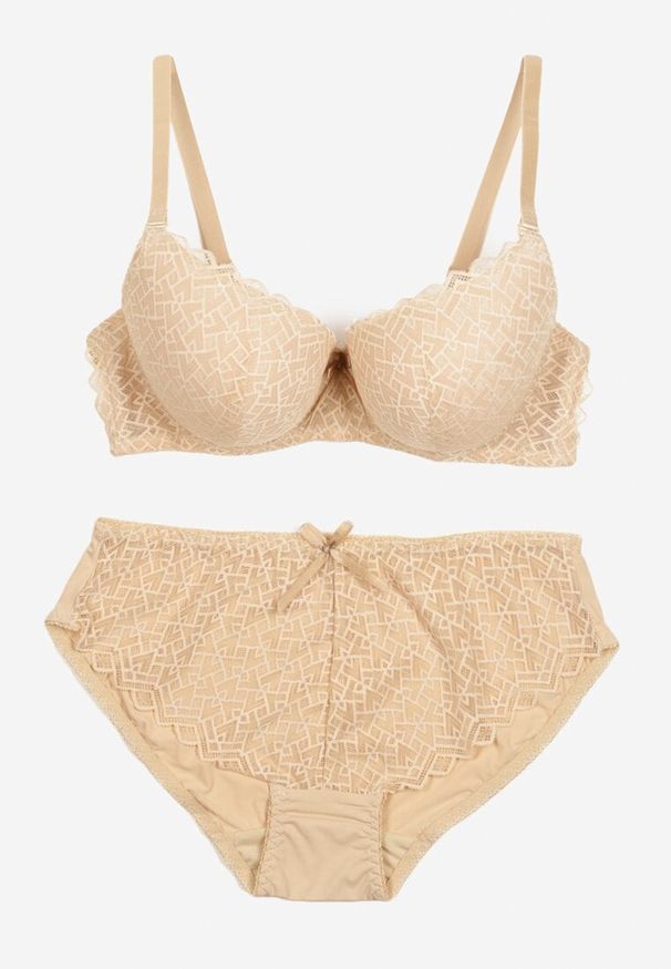 Born2be - Beżowy Koronkowy Komplet Usztywniany Biustonosz i Majtki Typu Figi Vimarellas. Kolor: beżowy. Materiał: koronka. Wzór: aplikacja