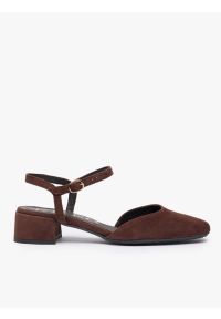 Ryłko - Ciemnobrązowe czółenka slingback na niskim słupku. Okazja: na co dzień. Nosek buta: okrągły. Zapięcie: sprzączka. Kolor: brązowy. Materiał: skóra, welur. Obcas: na słupku. Styl: klasyczny, casual, elegancki, street. Wysokość obcasa: średni #1