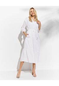 PESERICO - Biała sukienka z kieszeniami. Kolor: biały. Materiał: bawełna, materiał. Wzór: aplikacja. Sezon: lato, wiosna. Długość: midi #1