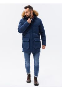 Ombre Clothing - Kurtka męska zimowa parka z kieszeniami cargo - granatowa V5 C554 - L. Kolor: niebieski. Materiał: syntetyk, poliester. Długość: długie. Sezon: zima. Styl: klasyczny #3