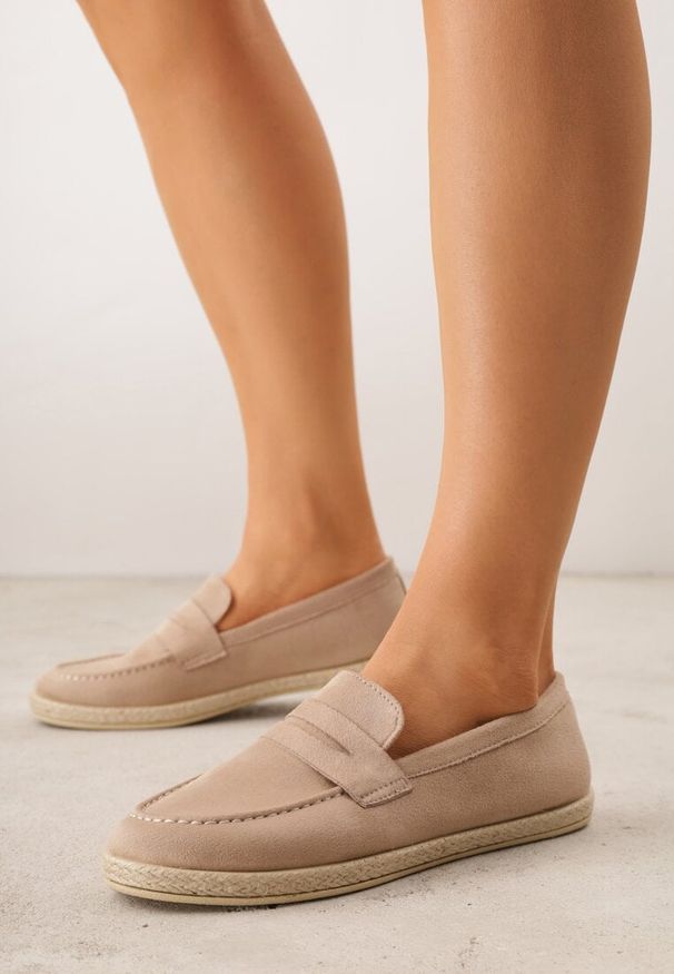 Renee - Ciemnobeżowe Mokasyny z Plecionką w Stylu Boho Galenatea. Okazja: na co dzień, do pracy. Kolor: beżowy. Materiał: jeans. Wzór: aplikacja. Sezon: lato. Styl: boho