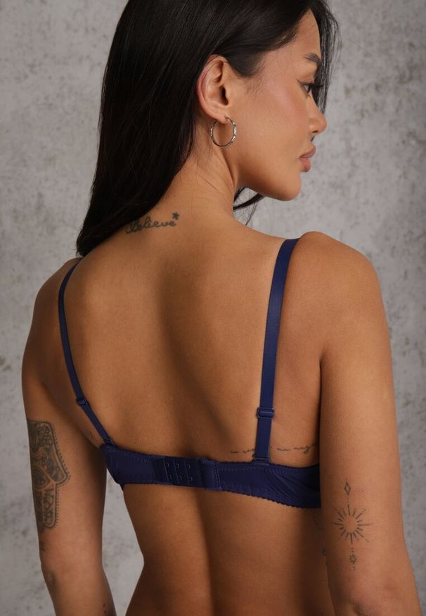 Renee - Granatowo-Różowy Koronkowy Biustonosz Push Up Bliffa. Kolor: niebieski. Materiał: koronka. Rodzaj stanika: push-up. Wzór: koronka