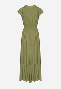 Born2be - Zielona Bawełniana Sukienka Maxi z Kopertową Górą Rozkloszowana Xaliara. Okazja: na wesele, na ślub cywilny, na imprezę. Kolor: zielony. Materiał: bawełna. Sezon: lato. Typ sukienki: kopertowe. Długość: maxi #3