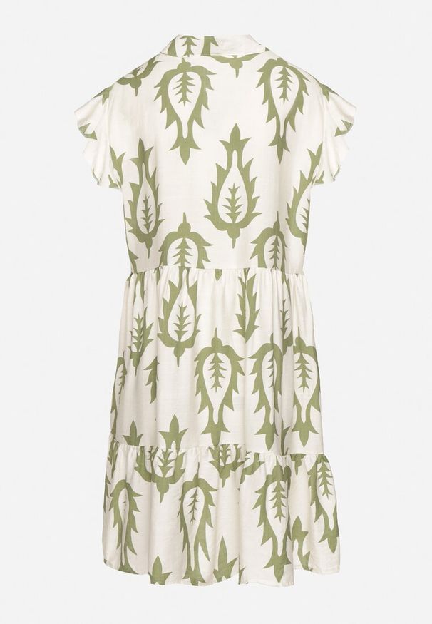 Born2be - Zielona Rozkloszowana Sukienka o Koszulowym Kroju z Lnem i Wiskozą Folarane. Okazja: na co dzień, na spacer. Kolor: zielony. Materiał: len, wiskoza. Wzór: aplikacja. Typ sukienki: koszulowe. Styl: klasyczny, casual, elegancki