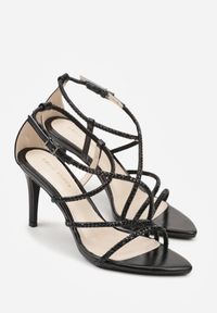 Born2be - Czarne Sandały na Szpilce Ozdobione Cyrkoniami Thelmia. Okazja: na co dzień. Zapięcie: sprzączka. Kolor: czarny. Materiał: jeans. Wzór: aplikacja. Obcas: na szpilce. Styl: klasyczny, casual, elegancki #8