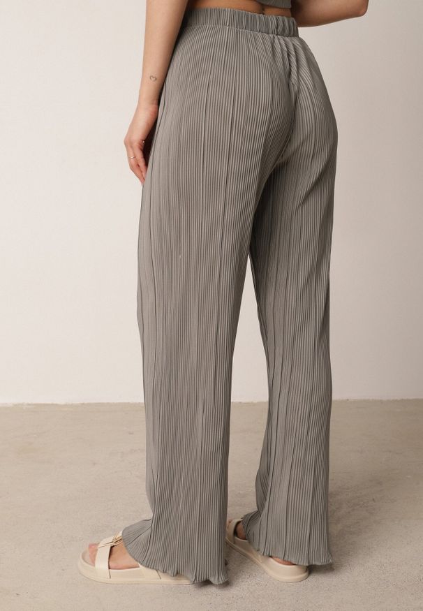 Born2be - Szare Szerokie Spodnie z Wysokim Stanem ze Zwiewnej Tkaniny z Plisami Galiris. Okazja: do pracy, na co dzień, na spotkanie biznesowe. Stan: podwyższony. Kolor: szary. Materiał: tkanina. Długość: długie. Styl: elegancki, biznesowy, casual