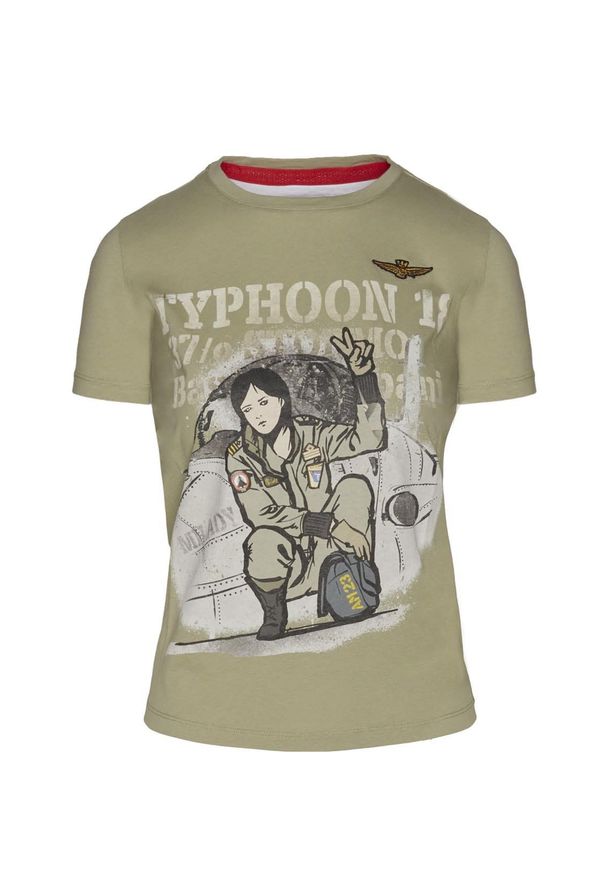 Oliwkowy t-shirt z nadrukiem pilotki Aeronautica Militare. Kolor: oliwkowy. Materiał: bawełna. Wzór: nadruk