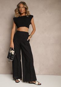 Renee - Czarne Bawełniane Haftowane Spodnie High Waist o Szerokim Kroju Milirelia. Okazja: na co dzień. Stan: podwyższony. Kolor: czarny. Materiał: bawełna. Wzór: haft. Styl: casual