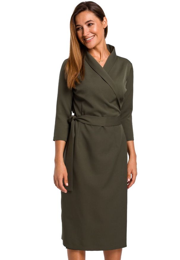Style - Sukienka z kopertowym dekoltem i szalowym kołnierzem. Materiał: materiał, elastan. Typ sukienki: kopertowe. Styl: elegancki