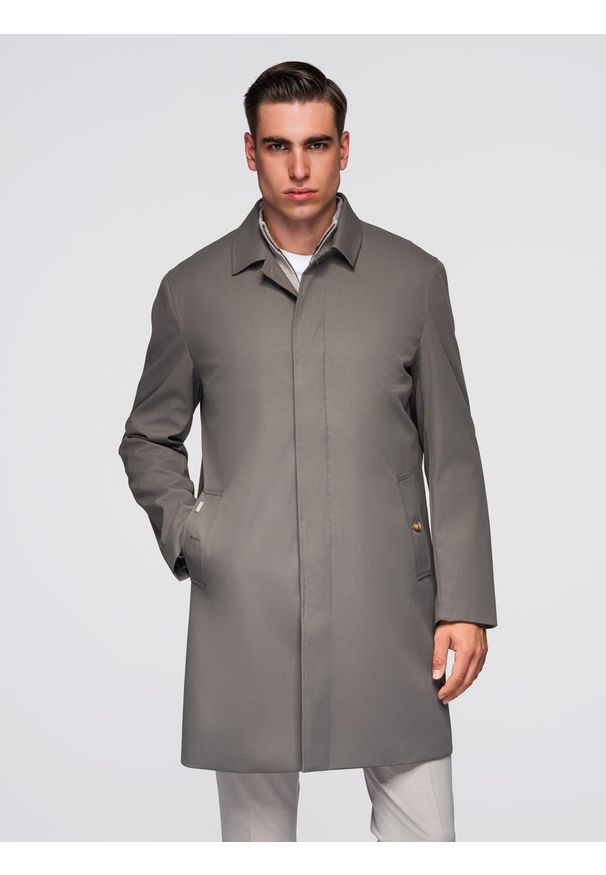 Ombre Clothing - Męski minimalistyczny płaszcz z odpinaną kamizelką - popielaty V6 - Rozmiar: XL. Kolor: szary. Materiał: poliester, materiał. Styl: klasyczny, elegancki