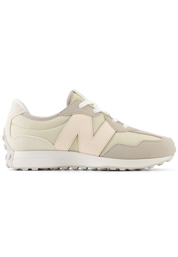 Buty dziecięce New Balance GS327FM – beżowe. Okazja: na co dzień. Kolor: beżowy. Materiał: guma, syntetyk, materiał. Szerokość cholewki: normalna. Sezon: lato