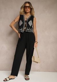 Renee - Czarne Spodnie z Bawełny High Waist Sonirea. Okazja: na co dzień. Stan: podwyższony. Kolor: czarny. Materiał: bawełna. Styl: casual