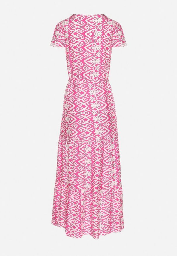 Born2be - Różowa Bawełniana Sukienka Ozdobiona Azteckim Wzorem ze Sznurkiem w Talii Orrialle. Kolor: różowy. Materiał: bawełna. Wzór: aplikacja