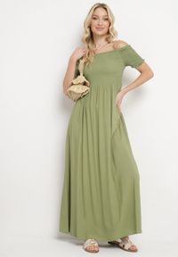 Born2be - Jasnozielona Sukienka Hiszpanka o Rozkloszowanym Fasonie z Bawełny Angolima. Okazja: na co dzień. Typ kołnierza: dekolt hiszpanka. Kolor: zielony. Materiał: bawełna. Długość rękawa: krótki rękaw. Wzór: aplikacja. Typ sukienki: proste. Styl: casual, elegancki #3