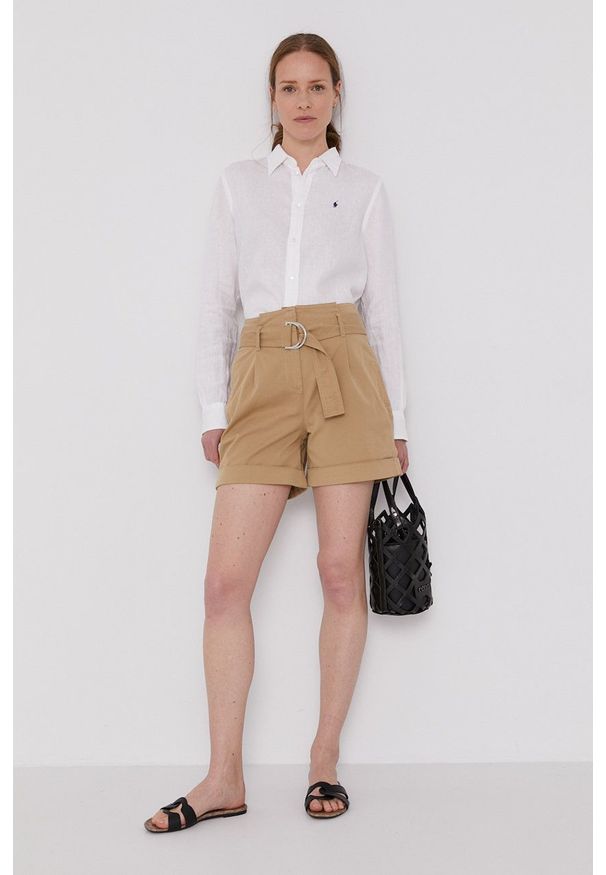 Calvin Klein Szorty damskie kolor beżowy gładkie high waist. Okazja: na co dzień. Stan: podwyższony. Kolor: beżowy. Materiał: tkanina. Wzór: gładki. Styl: casual