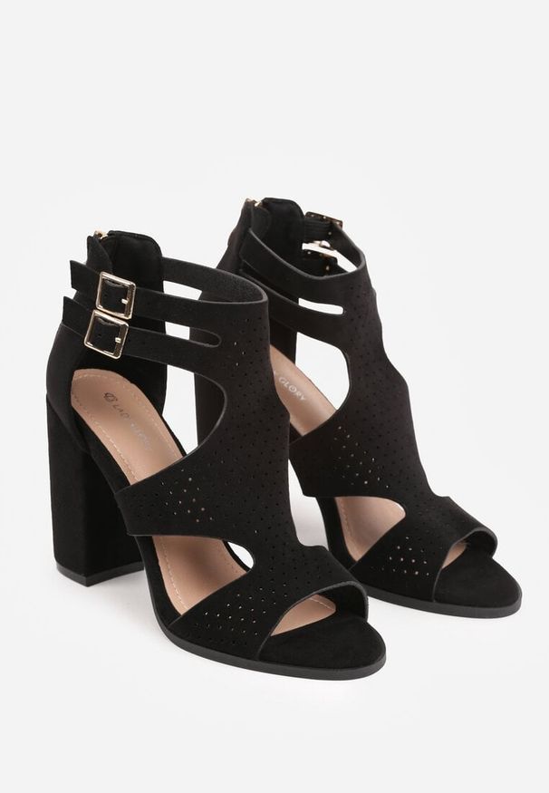 Renee - Czarne Sandały na Wysokim Słupku z Perforacją z Imitacji Zamszu Meeyah. Zapięcie: pasek. Kolor: czarny. Materiał: zamsz. Sezon: lato. Obcas: na słupku. Styl: elegancki, wizytowy. Wysokość obcasa: średni