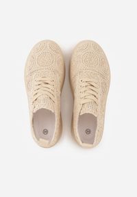 Renee - Beżowe Sneakersy Boho na Platformie Zdobione Plecionym Wzorem Abilama. Kolor: beżowy. Materiał: zamsz, jeans. Szerokość cholewki: normalna. Wzór: aplikacja. Obcas: na platformie #3