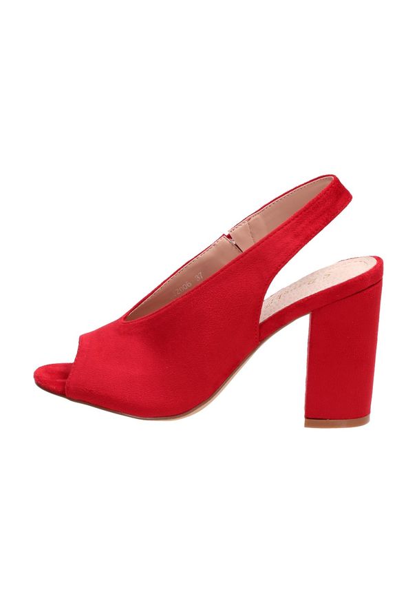 Czerwone sandały damskie S.Barski 2006 Słupek. Kolor: czerwony. Materiał: zamsz. Obcas: na słupku. Styl: klasyczny. Wysokość obcasa: średni