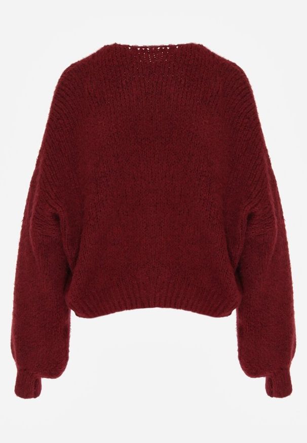 Born2be - Bordowy Kardigan Oversize z Wełną Zdobiony Kokardkami Eleathalie. Okazja: na co dzień. Typ kołnierza: kokarda. Kolor: czerwony. Materiał: wełna. Wzór: aplikacja. Styl: casual, elegancki