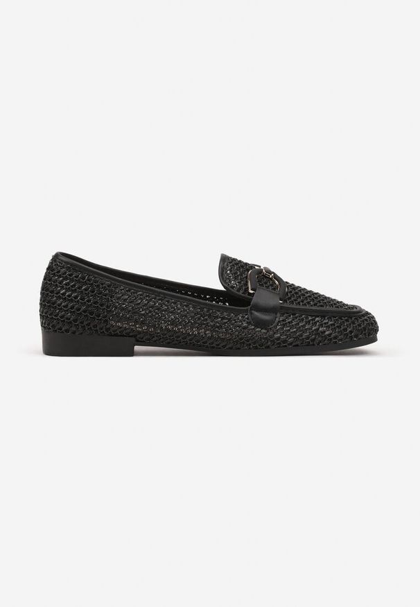 Born2be - Czarne Mokasyny na Płaskiej Podeszwie z Plecionką i Ozdobą Araniare. Okazja: na co dzień. Zapięcie: bez zapięcia. Kolor: czarny. Materiał: jeans. Wzór: aplikacja. Sezon: lato, wiosna. Obcas: na płaskiej podeszwie. Styl: elegancki, casual