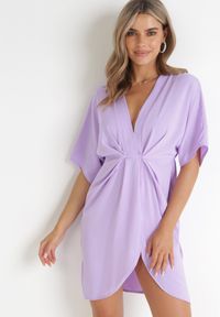 Born2be - Fioletowa Sukienka z Kopertowym Dekoltem i Rękawem Nietoperz Eupfia. Kolor: fioletowy. Sezon: lato. Typ sukienki: kopertowe #1