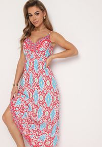 Born2be - Czerwona Taliowana Sukienka z Wiskozy na Regulowanych Ramiączkach z Gumką w Pasie Zenadea. Okazja: na co dzień. Kolor: czerwony. Materiał: wiskoza. Długość rękawa: na ramiączkach. Sezon: lato. Styl: wizytowy, casual #4