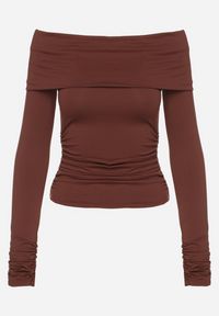 Born2be - Brązowa Bluzka Hiszpanka Vices z Marszczeniem w Talii i przy Rękawach Temile. Okazja: na co dzień. Typ kołnierza: dekolt hiszpanka. Kolor: brązowy. Materiał: satyna, jeans. Styl: casual, elegancki #3