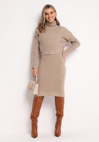 Born2be - Ciemnobeżowy Komplet Dzianinowy z Wełną i Bawełną Golf i Dopasowana Sukienka Reilaia. Kolor: beżowy. Materiał: wełna, bawełna, dzianina. Sport: golf #6