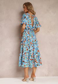 Renee - Niebieska Sukienka Midi ze Ściągaczem w Talii i Krótkimi Rękawami Rhoslana. Kolor: niebieski. Długość rękawa: krótki rękaw. Długość: midi #2