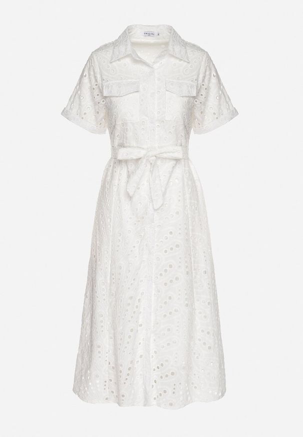 Born2be - Biała Koszulowa Sukienka Haftowana z Paskiem Rinessa. Okazja: na co dzień, na imprezę, na spacer. Kolor: biały. Długość rękawa: na ramiączkach. Wzór: haft. Typ sukienki: koszulowe. Styl: casual, sportowy, klasyczny. Długość: midi