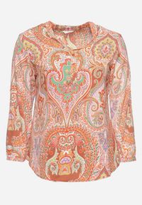 Born2be - Pomarańczowa Bluzka Koszula z Guzikami Przy Dekolcie w Ornamentalny Print Indafare. Kolor: pomarańczowy. Wzór: nadruk