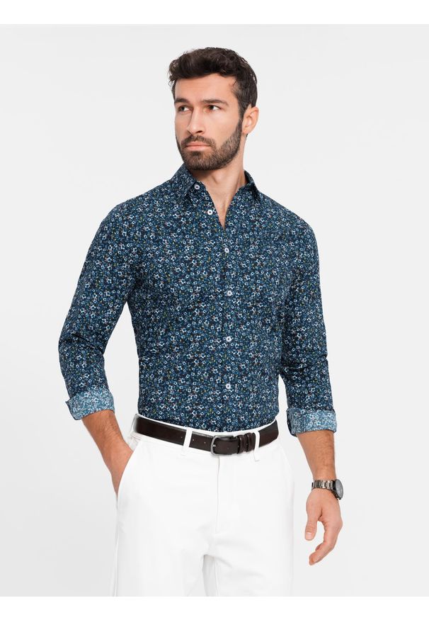 Ombre Clothing - Męska koszula bawełniana we wzory SLIM FIT - ciemnoniebieska V1. Kolor: niebieski. Materiał: bawełna. Styl: klasyczny