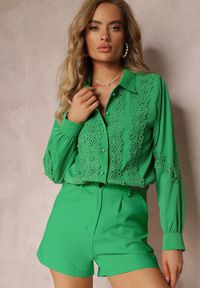 Renee - Zielona Koszula z Długimi Rękawami Zdobiona Koronką Zinnintha. Kolor: zielony. Materiał: koronka. Długość rękawa: długi rękaw. Długość: długie. Wzór: aplikacja, koronka