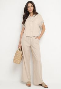 Born2be - Jasnobeżowe Szerokie Spodnie z Lnem z Gumką w Talii i Kieszeniami Filisela. Okazja: na co dzień, do pracy. Kolor: beżowy. Materiał: len. Styl: elegancki, casual #4