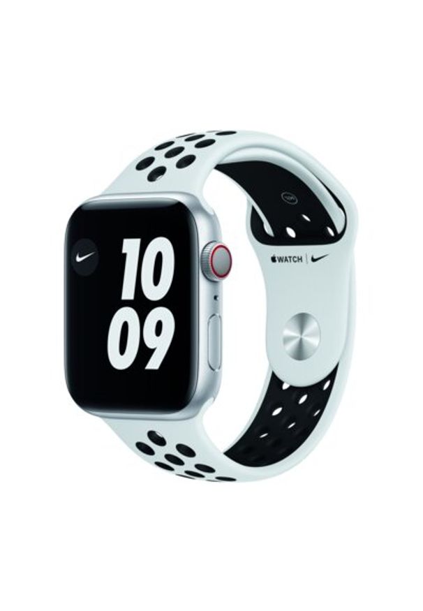 APPLE Watch 6 Cellular Nike 40mm (Srebrny z opaską sportową w kolorze czarnym). Rodzaj zegarka: smartwatch. Kolor: srebrny, czarny, wielokolorowy. Materiał: poliester, nylon, guma, materiał. Styl: sportowy