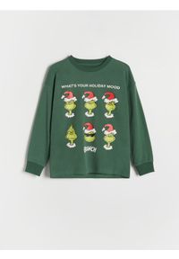 Reserved - Świąteczny longsleeve Grinch - ciemnozielony. Kolor: zielony. Materiał: dzianina, bawełna. Długość rękawa: długi rękaw. Styl: wizytowy