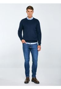 Big-Star - Sweter męski ze splotem warkoczowym granatowy Amaris 403. Kolor: niebieski. Materiał: bawełna, jeans, materiał, dzianina. Wzór: ze splotem. Styl: klasyczny, elegancki