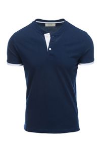 Ombre Clothing - T-shirt męski polo bez kołnierzyka - granatowa V4 S1381 - L. Typ kołnierza: polo, bez kołnierzyka. Kolor: niebieski. Materiał: materiał, bawełna #3