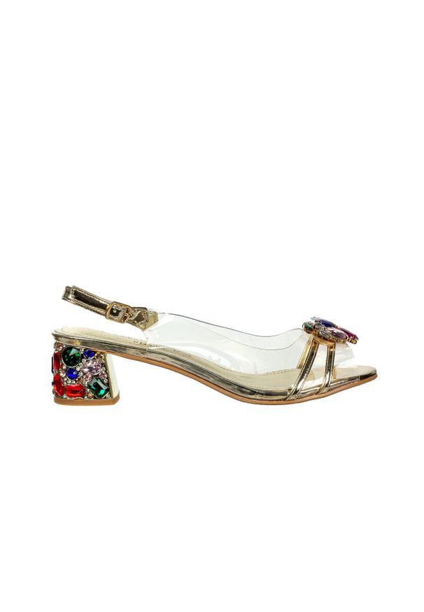 Sandały Laura Vita Mily 01 Or 202053, Złoty, Skóra naturalna - 36. Zapięcie: sprzączka. Kolor: złoty. Materiał: skóra. Wzór: aplikacja. Obcas: na obcasie. Styl: elegancki. Wysokość obcasa: średni