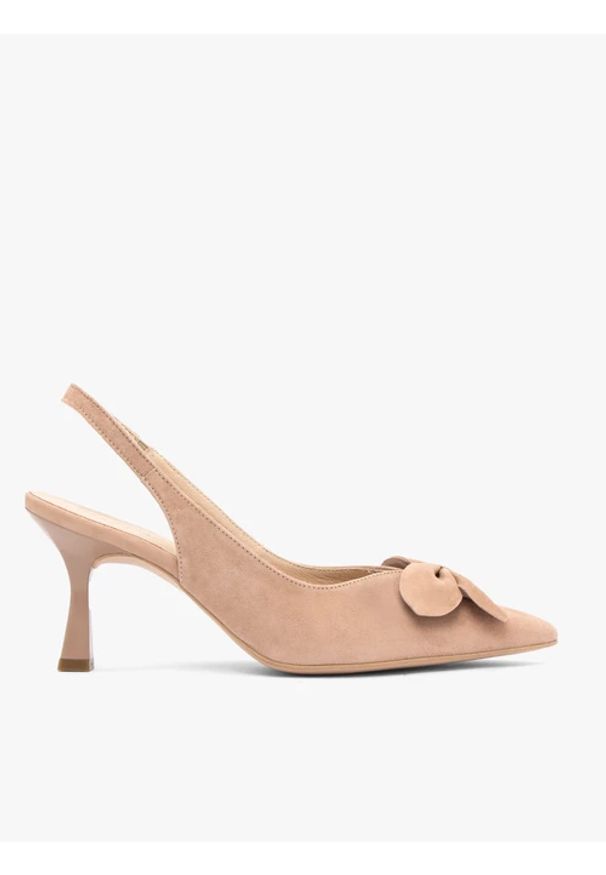 Ryłko - Różowe czółenka bez pięty slingback z kwiatem. Nosek buta: szpiczasty. Kolor: różowy. Materiał: welur, skóra. Wzór: kwiaty. Obcas: na obcasie. Styl: street, elegancki. Wysokość obcasa: średni