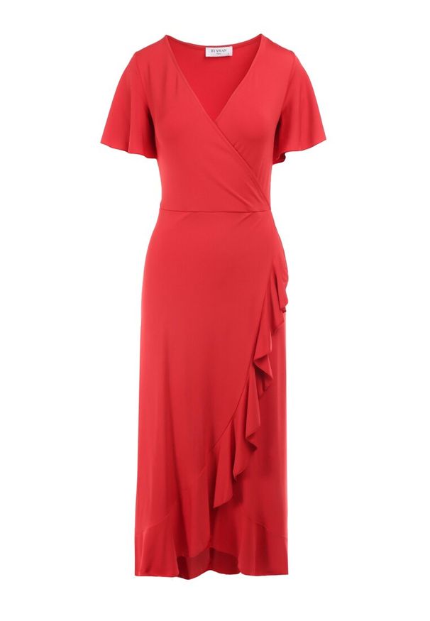 Born2be - Czerwona Sukienka Aediala. Okazja: na randkę, na co dzień, na imprezę. Kolor: czerwony. Materiał: wiskoza, tkanina. Długość rękawa: krótki rękaw. Typ sukienki: kopertowe. Styl: casual. Długość: midi