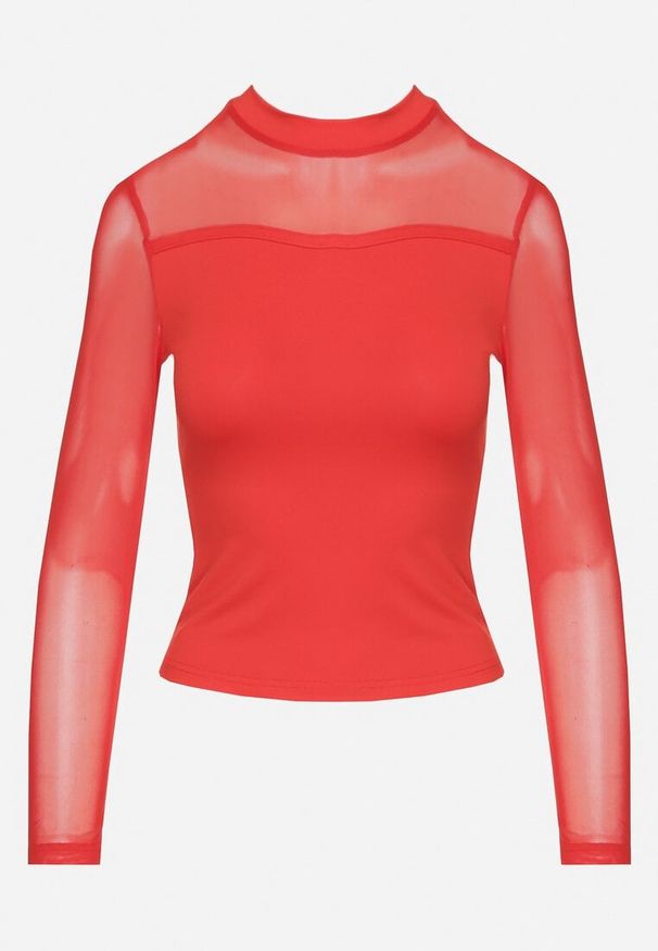 Born2be - Czerwona Bluzka z Golfem Vices Ozdobiona Transparentnymi Wstawkami Hatalie. Okazja: na co dzień. Typ kołnierza: golf. Kolor: czerwony. Materiał: jeans. Długość rękawa: długi rękaw. Długość: długie. Wzór: aplikacja. Styl: casual, klasyczny