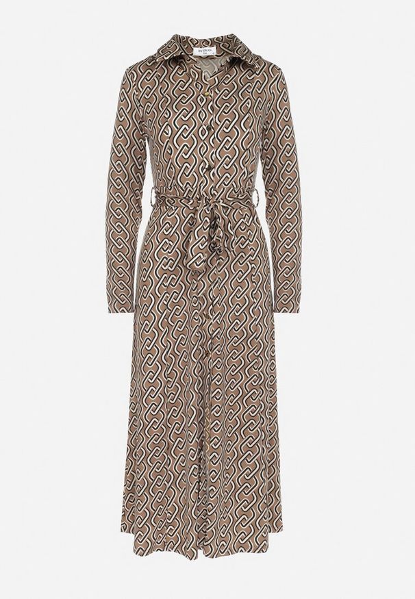 Born2be - Beżowa Sukienka Koszulowa z Wiązanym Paskiem Farima. Kolor: beżowy. Materiał: tkanina, materiał. Wzór: nadruk, aplikacja. Typ sukienki: koszulowe. Długość: midi