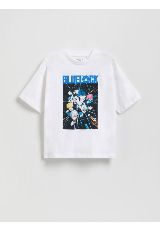 Reserved - Bawełniany t-shirt Blue Lock - biały. Kolor: biały. Materiał: bawełna