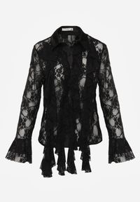 Born2be - Czarna Koszula Koronkowa z Wiskozy z Bawełną Ozdobiona Falbanami Hermerine. Kolor: czarny. Materiał: wiskoza, bawełna, koronka. Wzór: aplikacja. Styl: elegancki, klasyczny #4