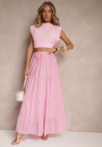 Renee - Różowa Rozkloszowana Spódnica z Bawełny z Wiązaniem i Gumką w Talii Miloreina. Kolor: różowy. Materiał: bawełna. Sezon: lato. Styl: elegancki #5