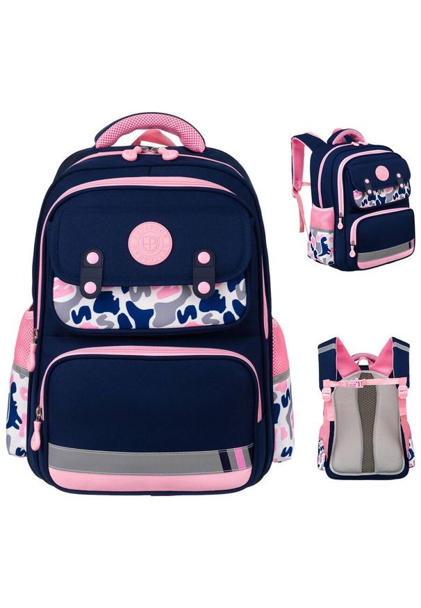 Praktyczny plecak z poliestru w kolorze granatowo-różowym na ergonomicznych szelkach - Peterson. Kolor: różowy, niebieski, wielokolorowy. Materiał: poliester