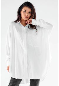 Awama - Koszula Oversize z Wydłużonym Tyłem - Biała. Kolor: biały. Materiał: elastan, poliester