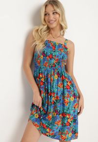 Born2be - Niebiesko-Czerwona Wiskozowa Sukienka z Gumką w Talii na Cienkich Ramiączkach z Guzikami Opelea. Okazja: na co dzień. Kolor: niebieski. Materiał: wiskoza. Długość rękawa: na ramiączkach. Sezon: lato. Styl: casual, elegancki #1